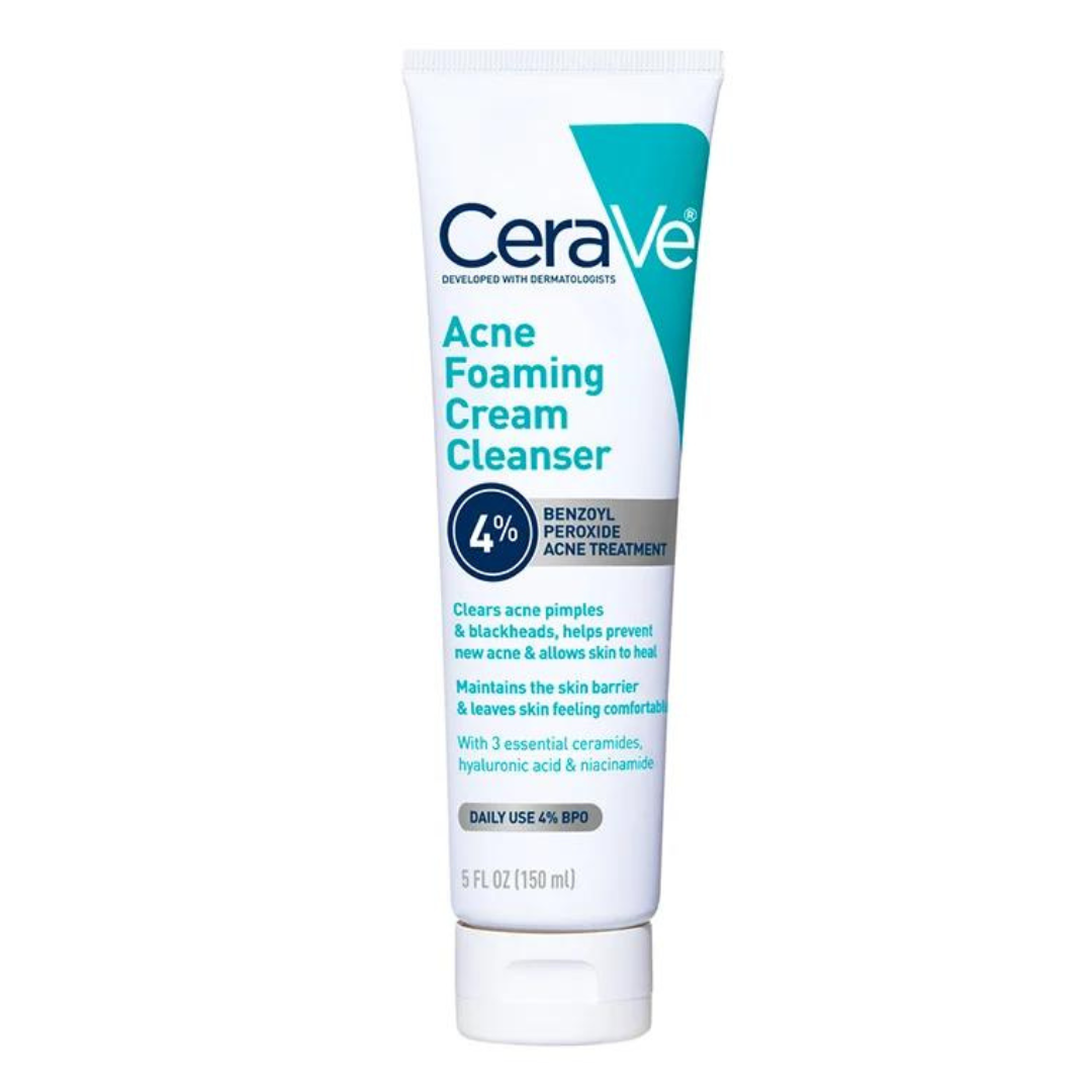 CeraVe Acne Foaming Cream Cleanser | Acne Treatment Face Wash with 4% Benzoyl Peroxide, Hyaluronic Acid, and Niacinamide | Cream to Foam Formula | Fragrance Free & Non Comedogenic | 5 Oz